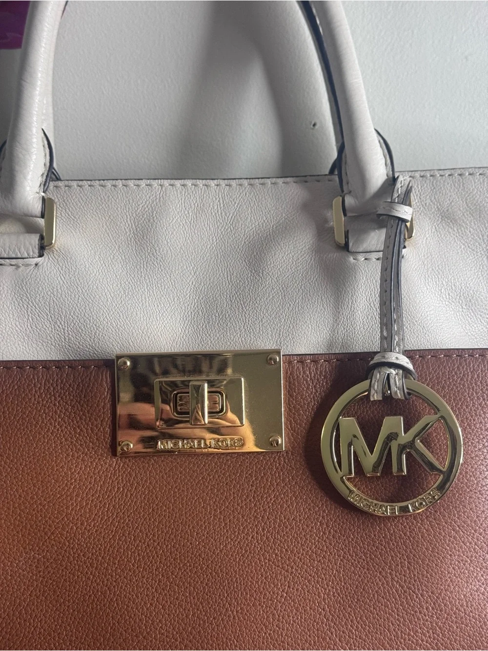 Michael Kors White & Brown Leather Satchel with Gold Hardware